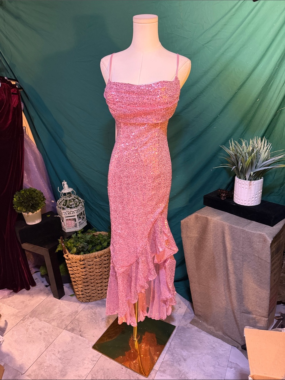 Pink Sequin Strapless Ruffle Midi Dress
